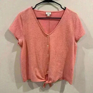 J. Crew Women’s Textured Pink Short Sleeve Tie-front V-Neck Button Down Size L